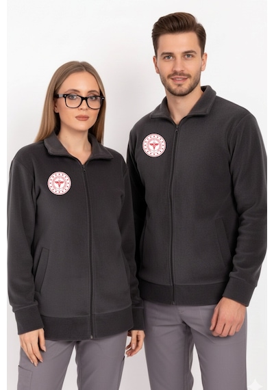 Unisex Antrasit Renk Sağlık Bakanlığı Logolu Fermuarlı Polar Antrasit Gri