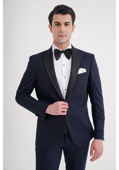 Slim Fit Fleto Cep Çıkarılabilir Saten Yaka Düz Lacivert Damatlık Smokin Takım Altro 032 Lacivert