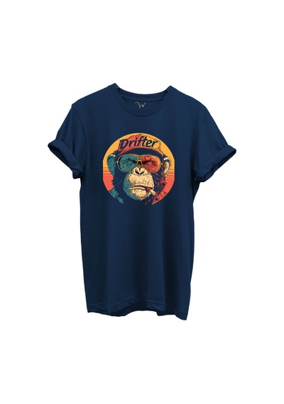 Drifter Yazılı Renkli Gözlüklü Maymun Baskılı %100 Pamuk Siyah Regular Fit Unisex T-shirt Lacivert