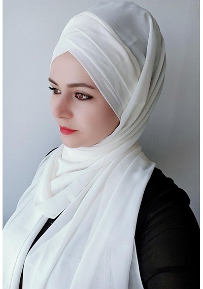 Bav Butik Ayvitrin Tesettür Kadın Üç Bantlı Hazır Şal Beyaz