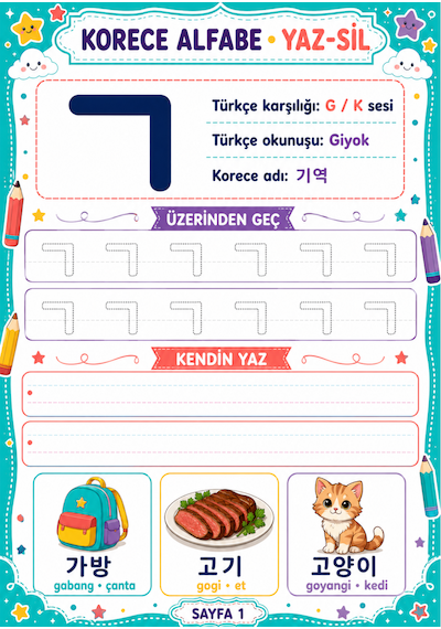 Korece Alfabe Yaz-sil Kitabı Herkes İçin