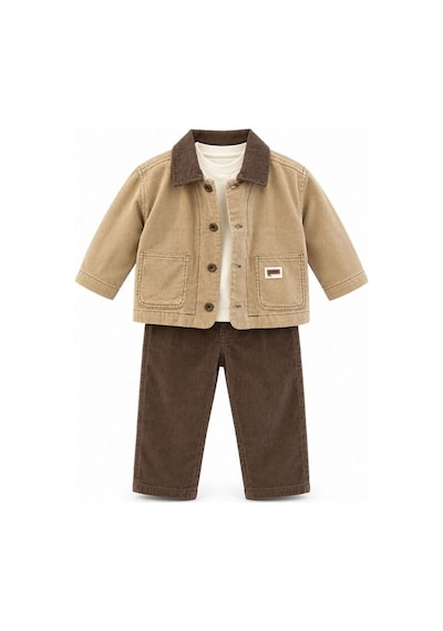 Zekids Erkek Bebek Bej Fitilli Ceketli Tişört Ve Kahverengi Pantolonlu Takım-17455