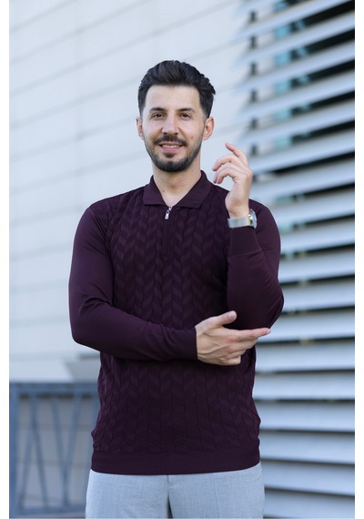 Hk Premium Erkek Triko Kazak Zikzak Desenli Polo Yaka Fermuarlı Slim Fit Bordo