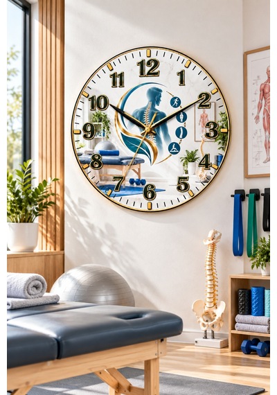 Fizyoterapist Temalı Duvar Saati 45 Cm Fizik Tedavi Rehabilitasyon Kliniği Uv Baskı Sessiz Akar Mekanizma 939 Çok Renkli
