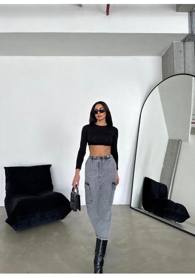 Zeo Basic Kargo Cepli Bel Lastikli Maxi Denim Etek Füme Füme Kar