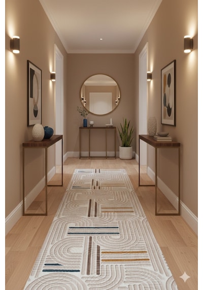 Salon Halısı Bej Kabartmalı Geometrik Desenli Fch3012 Multi