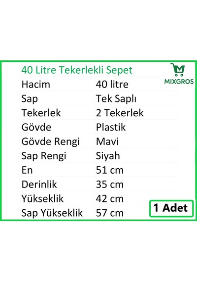 Tekerlekli Plastik Market Alışveriş El Sepeti 40 Litre Mavi 1 Adet