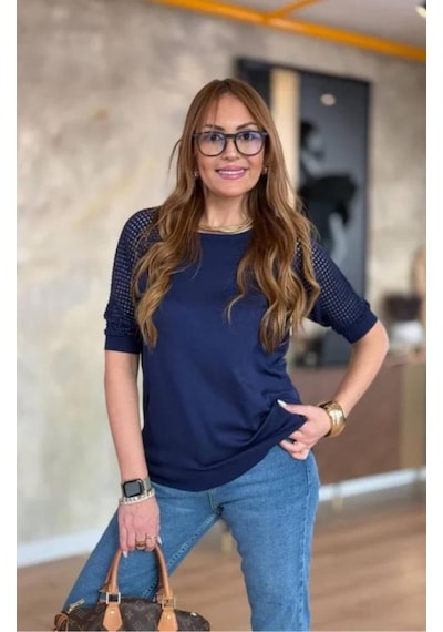 Kısmetsepeti Kadın Yuvarlak Yaka Kol Örgü Detaylı Merserize Lacivetr Şık Bluz Lacivert