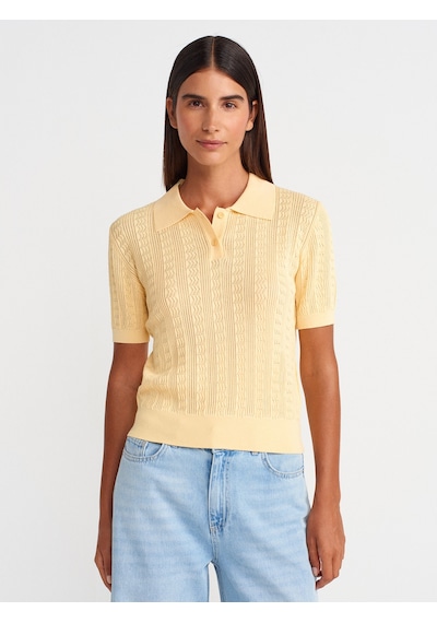 Dilvin 10781 Polo Yaka Düğmeli Ajurlu Triko Bluz-sarı Sari