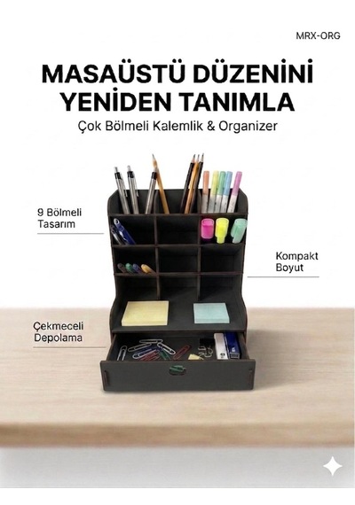 Mrx-org Masaüstü Organizer 9 Bölmeli Kalemlik, Çekmeceli Masa Düzenleyici, Ahşap Ofis Organizer Siyah