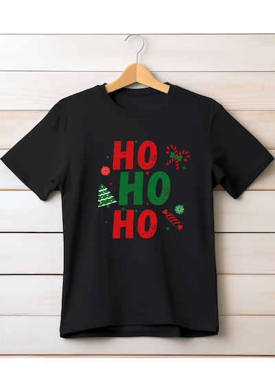 Aselinda Yılbaşı Hohoho Baskılı Bisiklet Yaka T-shirt Siyah