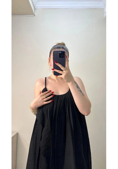 Elora Atelier Büzgülü Askılı Siyah Maxi Boy Elbise Çok Renkli