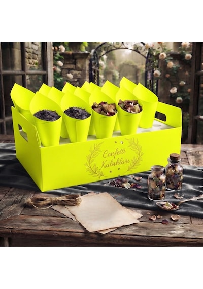 Premium Sarı Koni Kağıdı 100 Adet İpli Hediyelik İkram Ve Şeker Sunum Külahı