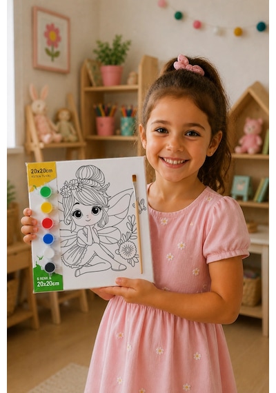 Sevimli Peri Temalı Çocuk Boyama Tuvali Şövalesiz Eğitici Boyama Seti 20x20 Cm