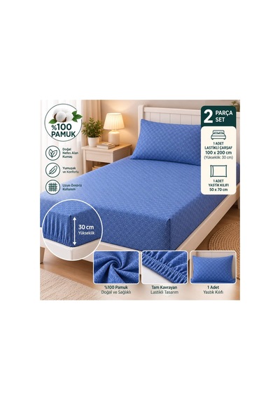 Slc Home %100 Pamuk Kumaş 100 X 200 Cm Lastikli Çarşaf 1 Adet Yastık Kılıflı Tek Kişilik 2li Set İndigo Mavisi - 939641234 İndigo Mavisi