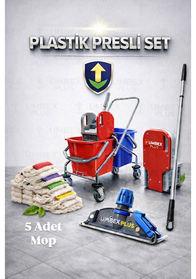 Umbex Plus-krom Çift Kovalı Temizlik Ve Paspas Arabası Temizlik Seti Plastik Presli A Kalite 5 Mop Setli