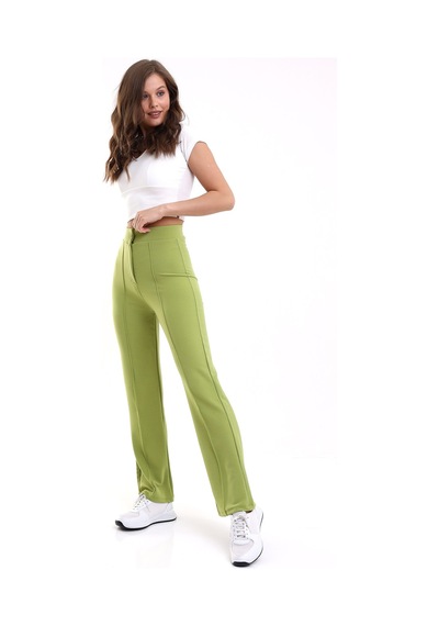 Winmoda34 Ultra Yüksek Bel Krep Kumaş Likralı Palazzo Çizgili Pantolon Gri Yeşil