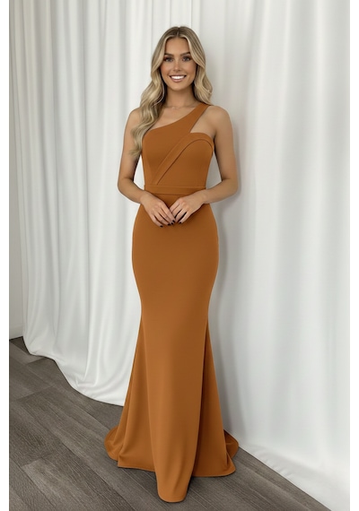 Defymoda Kadın Vücudu Saran Scuba Kumaş Tasarım Kahverengi