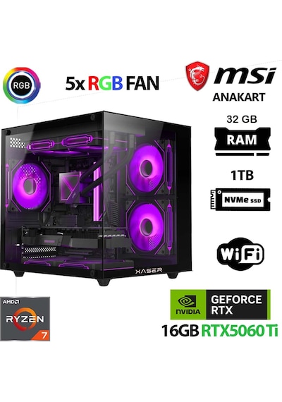 Xaser Cube X90 R7-5700X 32 GB 1 TB M.2 Nvme SSD 16 GB RTX5060Tİ Free Dos Masaüstü Oyuncu Bilgisayarı