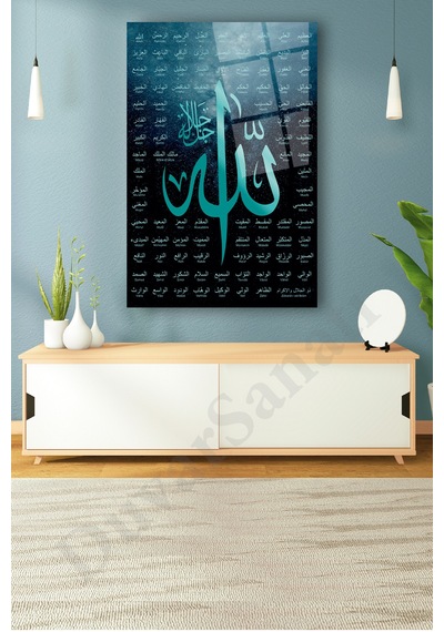 Allah'ın 99 İsmi Esmaül Hüsna Dini Dikey Cam Tablo Evlika Ev Ofis Salon Duvar Dekoru Hediyelik Büyük Tablo