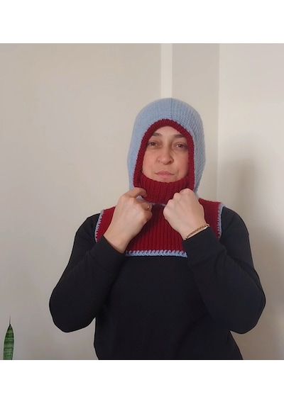 Kemzey Handmade El Yapımı Balaklava, Örgü Şapkalı Boyunluk , Yünlü Şapka Bordo - Mavi