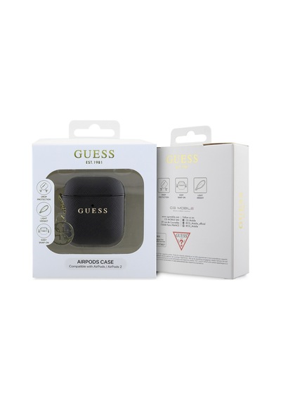 Apple Uyumlu AirPods Kılıf Guess Lisanslı Dokulu 4g Yuvarlak Süs Zincirli Saffiano Kılıf Siyah