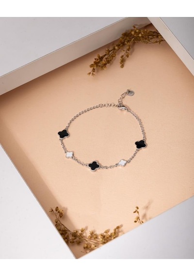 925 Ayar Rodyum Siyah-beyaz Mineli Yonca Charm Gümüş Bileklik Rb10071