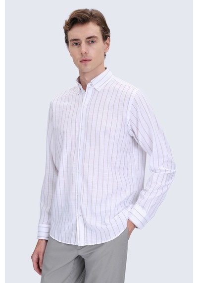 Hatemoğlu Vizon Comfort Fit Çizgili Düğmeli Yaka 100% Pamuk Uzun Kollu Casual Gömlek