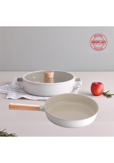 Neoflam Fika Cam Kapaklı 26 Cm Sığ Tencere & Tava Seti Bej