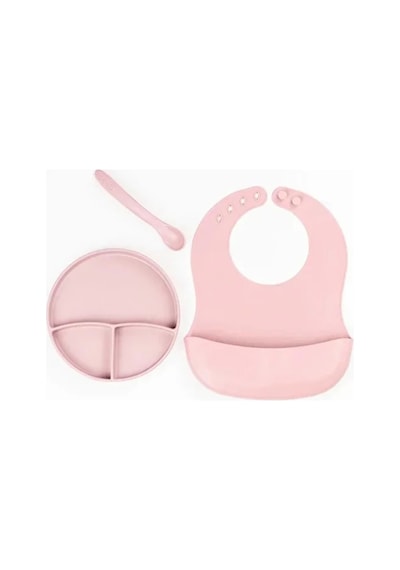 Pembe 3 Lü Silikon Yemek Seti Önlük + Diş Kaşıyıcılı Kaşık + Vakumlu Tabak Renkli