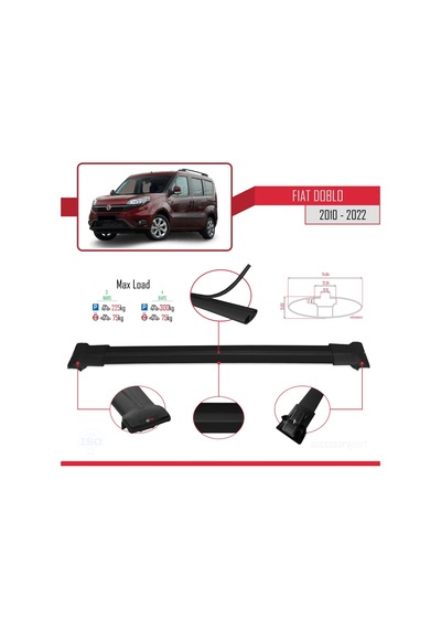 Fiat Doblo 2010-2022 Arası İle Uyumlu Fly Model Ara Atkı Tavan Barı Siyah 4 Adet Bar