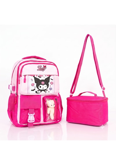 Kore Tarzı Resimli Okul Çantası Aksesuarlı Kız Çocuk Sırt Çantası Ve Beslenme Çantası 2'li Set Pembe