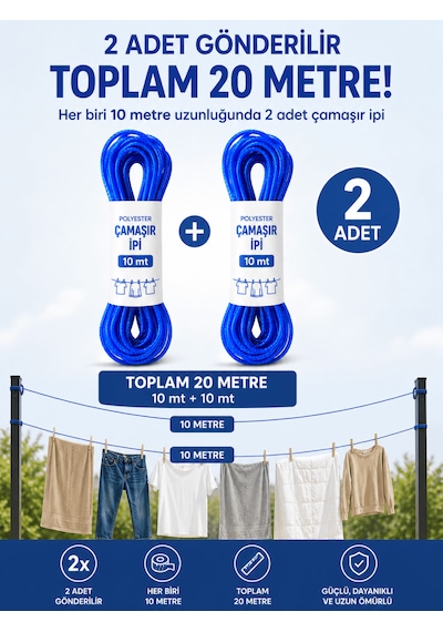 Beylini 2 Adet 10 Mt Polyester Çamaşır İpi Pvc Kaplama Sarkma Yapmaz Balkon Çamaşır Askılığı Çok Amaçlı Kurutma Mavi