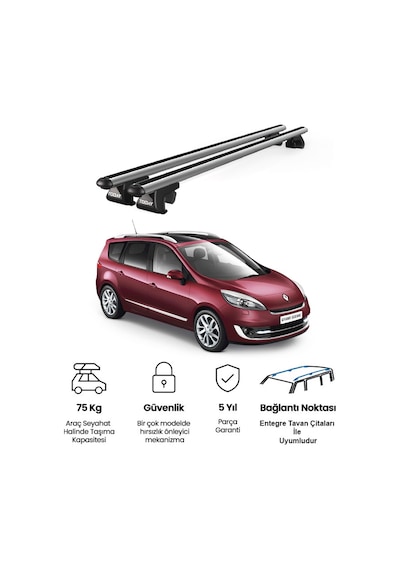 Venüs Renault Scenic 7 Posti 2009-2013 Uyumlu Gri Ara Atkı Port Bagaj Tavan Barı