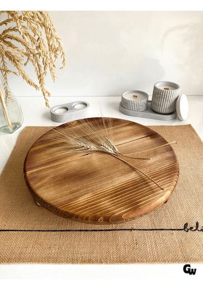 Yuvarlak Doğal Ahşap Sunum Tabağı Ayaklı Düz Ahşap Sunumluk Beyaz Çam Çap:28cm Yük:6,5cm