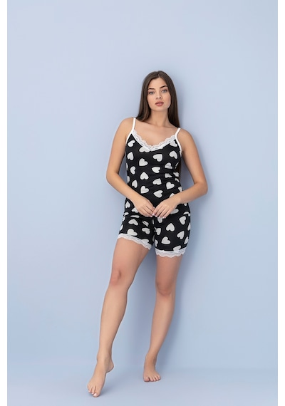 Pıove Kadın Kalp Desenli Askılı Şortlu Pijama Takımı Dantel Detaylı Siyah Rahat Ev Giyim Seti Siyah Pıove Kadın Kalp Desenli Askılı Şortlu Pijama Takımı Dantel Detaylı Siyah Rahat Ev Giyim Seti Siyah
