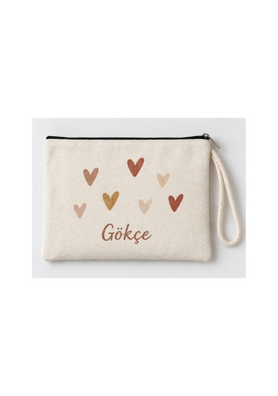 Kişiye Özel Renkli Kalpler Baskılı Fermuarlı Makyaj Çantası Bozuk Para Cüzdanı Clutch