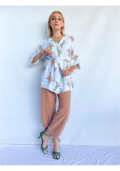 Kadın Tarçın Rengi Keten Kimono Pantolon Takım