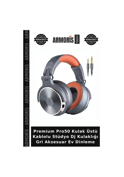 Premium Pro50 Kulak Üstü Kablolu Stüdyo Dj Kulaklığı Gri Aksesuar Ev Dinleme