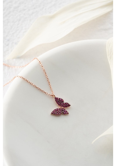 925 Ayar Gümüş Rose Pembe Taşlı Minik Kelebek Kolye Rose Gold