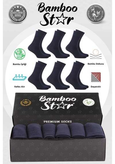 Bamboo Star Bambu Erkek Soket Uzun Düz Lacivert Dikişsiz 6'lı Premium Kutulu Çorap