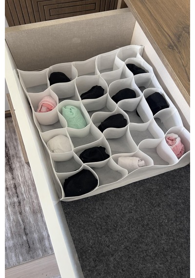 30 Gözlü Çekmece Düzenleyici Petek Ve Cepli Organizer - 1 - Kumaş - Çekmece İçi - Beyaz Diğer