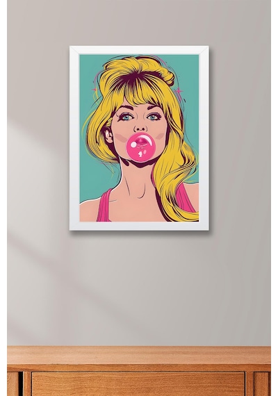 Balon Çiklet Şişiren Kadın Çerçeveli Tablo - Pop Art Poster Tablo