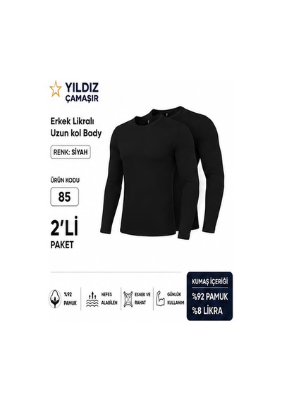 Yıldız Çamaşır Erkek Likralı Uzun Kol Bady Fanila Atlet 85-86-87 - 2 Adet Siyah