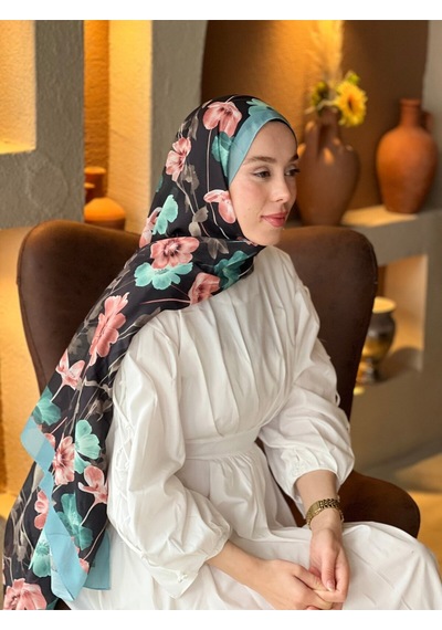 Moda Kaşmir Fiori Desen Lina Şal Açık Petrol