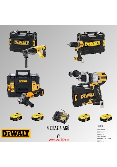 Dewalt DCH133NT + DCD805NT + DCG407NT + DCD1007NT 4 Adet 5 Amper Akü + Şarj Aleti Set