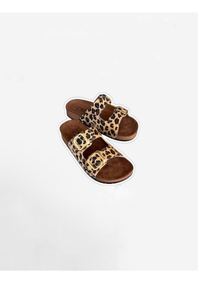 Leopar Desen Soft Kadın Ev Terliği Rahat, Çift Tokalı Model Turuncu