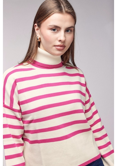 Sââde Çizgili Balıkçı Yaka Oversize Triko Kazak Pembe