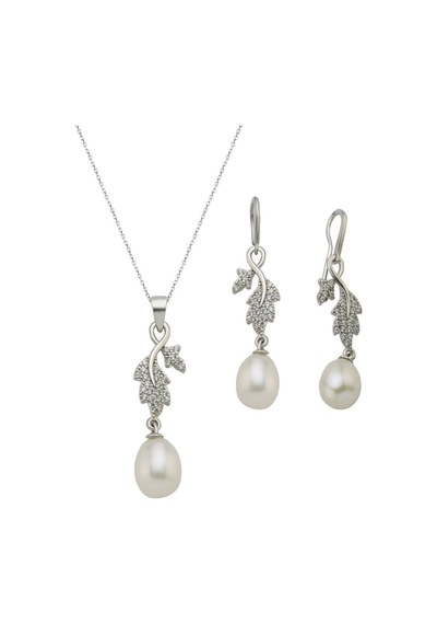 8,5 Mm Yaprak Taşlı Doğal İnci Sallantılı Küpe Kolye İkili Set