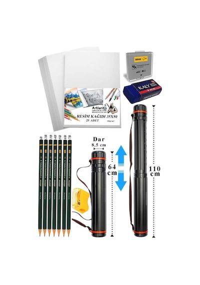 Proje Tüpü Dar 1 Adet 35x50 Cm Resim Kağıdı 25 Adet Dereceli Resim Kalemi Bozuka Proje Tüpü Silindir Proje Tüpü